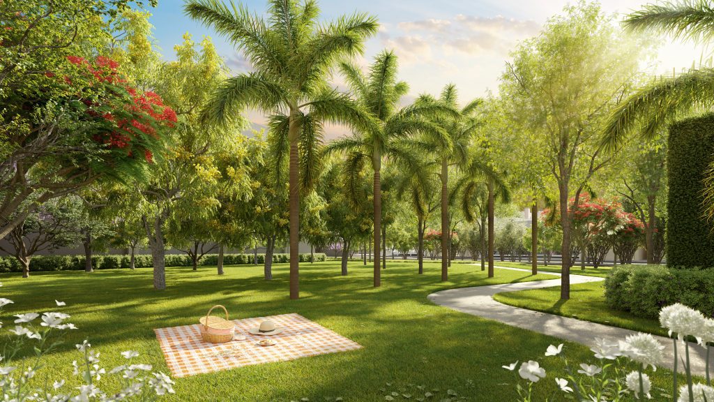 Perspectiva Ilustrada Da Área Verde Com Palmeiras E Jardins Do Alive Home Resort, Vila Prudente