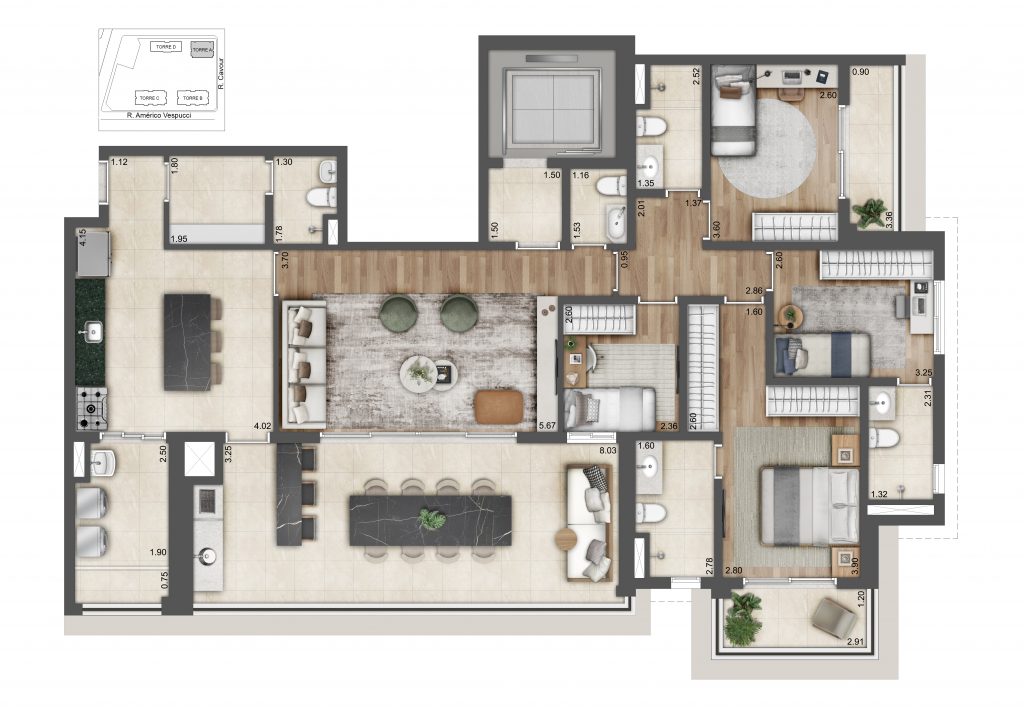 Planta Do Alive Home Resort: Planta De 170,26 M², Torre A. Uma Das Opções Do Projeto, Com Sugestão De Decoração.