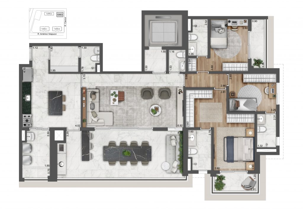 Planta Do Alive Home Resort: Planta De 170,26 M², Torre A. Outra Opção Do Projeto, Com Sugestão De Decoração.