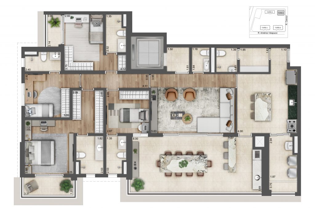 Planta Do Alive Home Resort: Planta De 188,16 M², Torre A. Uma Das Opções Do Projeto, Com Sugestão De Decoração.
