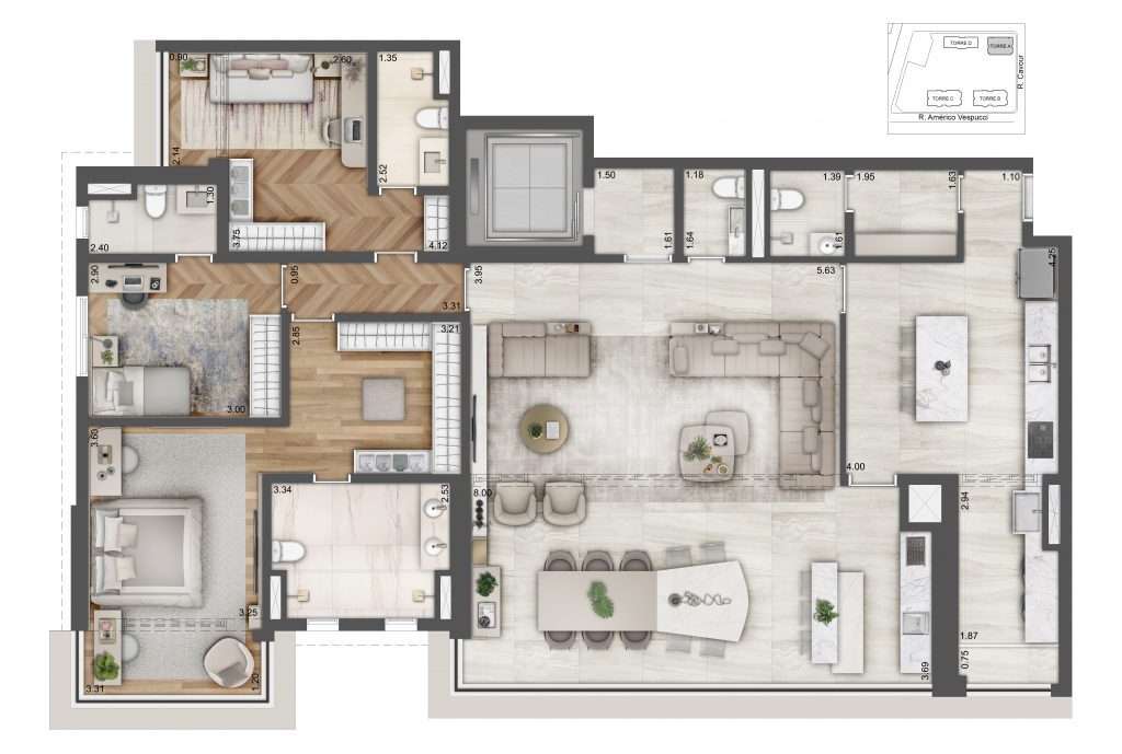 Planta Do Alive Home Resort: Planta De 188,16 M², Torre A. Outra Opção Do Projeto, Com Sugestão De Decoração.