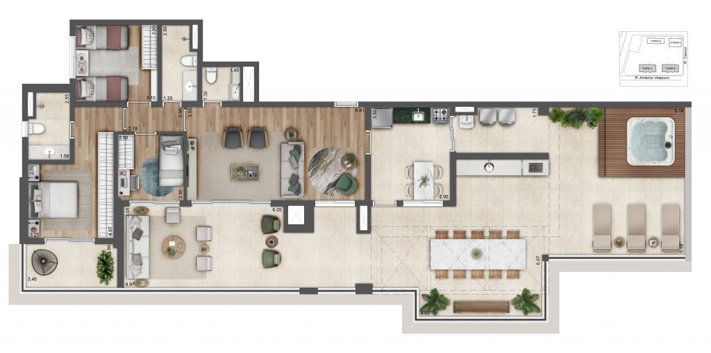 Planta Do Alive Home Resort: Penthouse De 201,05 M² Com 3 Dormitórios, Torres B E C. Planta Do Projeto Com Sugestão De Decoração.