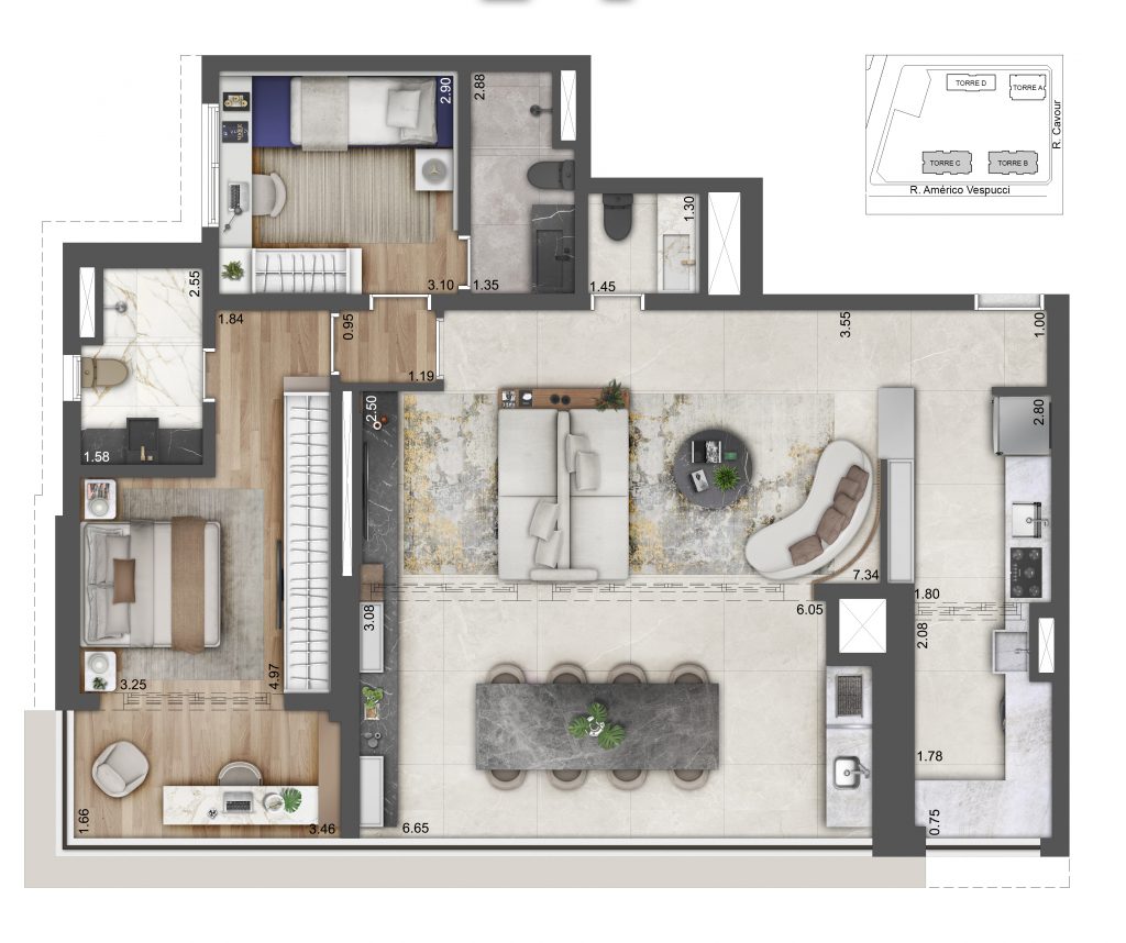 Planta Do Alive Home Resort: Planta De 113,19 M², Torres B E C. Uma Das Opções Do Projeto, Com Sugestão De Decoração.