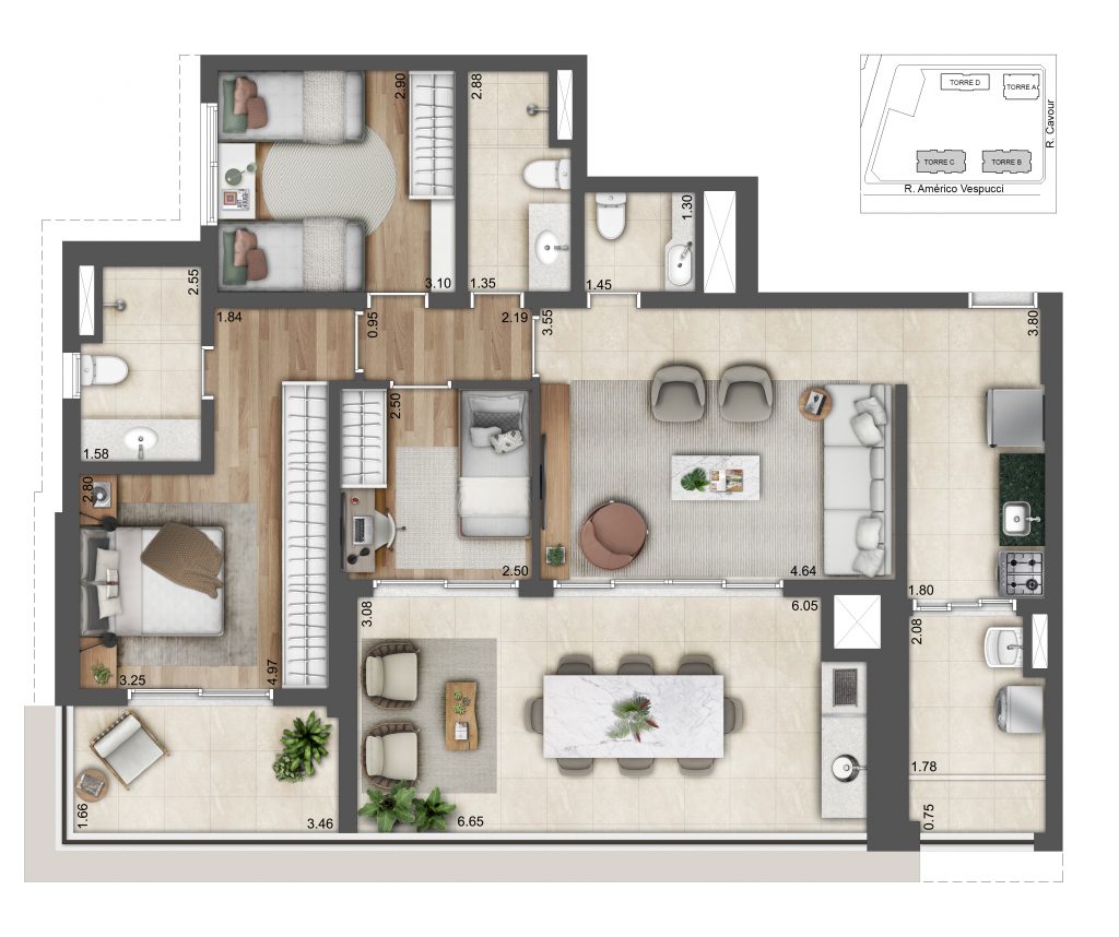 Planta Do Alive Home Resort: Planta De 113,19 M², Torres B E C. Outra Opção Do Projeto, Com Sugestão De Decoração.