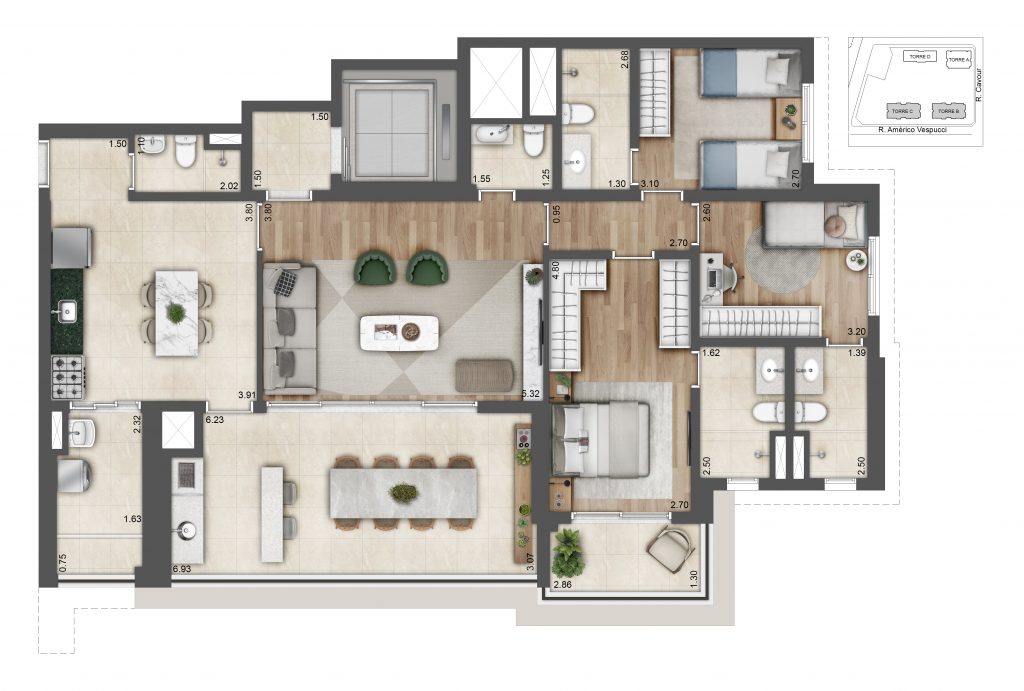 Planta Do Alive Home Resort: Planta De 139,19 M², Torres B E C. Uma Das Opções Do Projeto, Com Sugestão De Decoração.