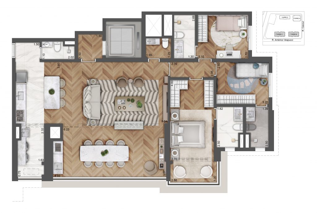 Planta Do Alive Home Resort: Planta De 139,19 M², Torres B E C. Outra Opção Do Projeto, Com Sugestão De Decoração.