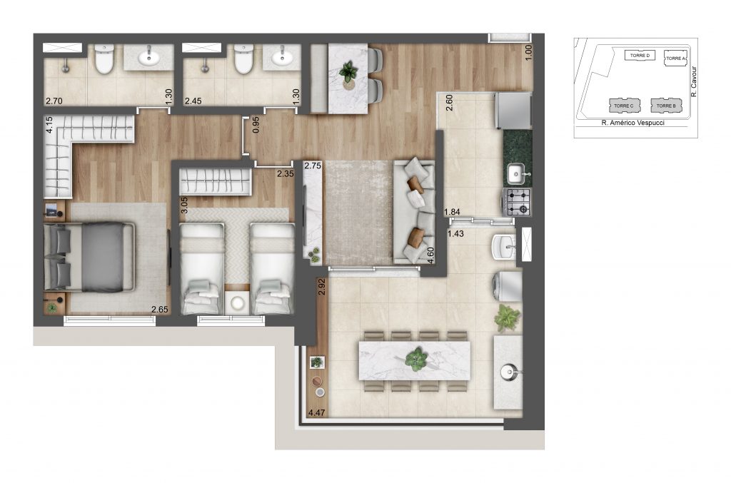 Planta Do Alive Home Resort: Planta De 72,78 M² Com 2 Dormitórios, Torres B E C. Planta Do Projeto Com Sugestão De Decoração.