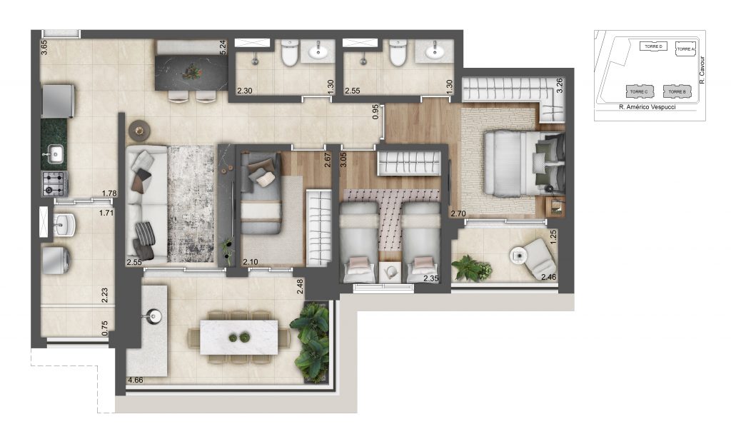 Planta Do Alive Home Resort: Planta De 85,71 M², Torres B E C. Uma Das Opções Do Projeto, Com Sugestão De Decoração.