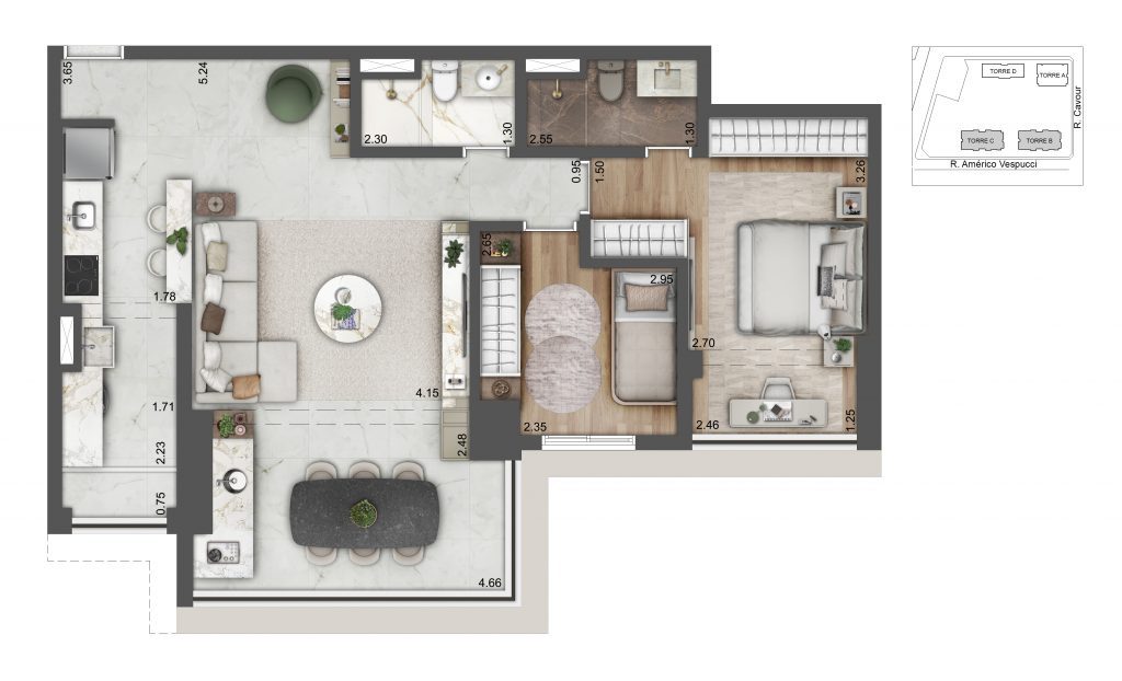 Planta Do Alive Home Resort: Planta De 85,71 M², Torres B E C. Outra Opção Do Projeto, Com Sugestão De Decoração.